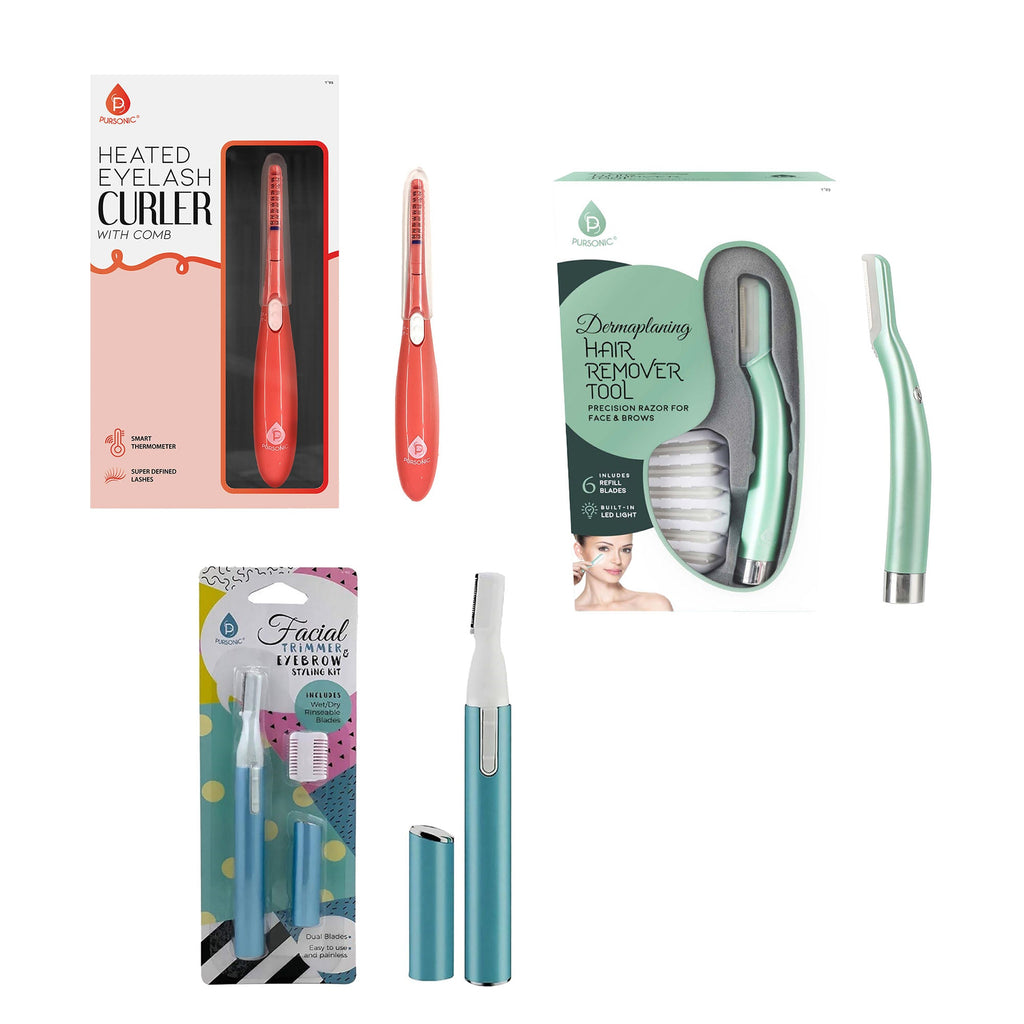 Pursonic Beauty Precision Bundle – Multi-Purpose Hair Trimmer, Heated Eyelash Curler & Dermaplaning Hair Remover Tool