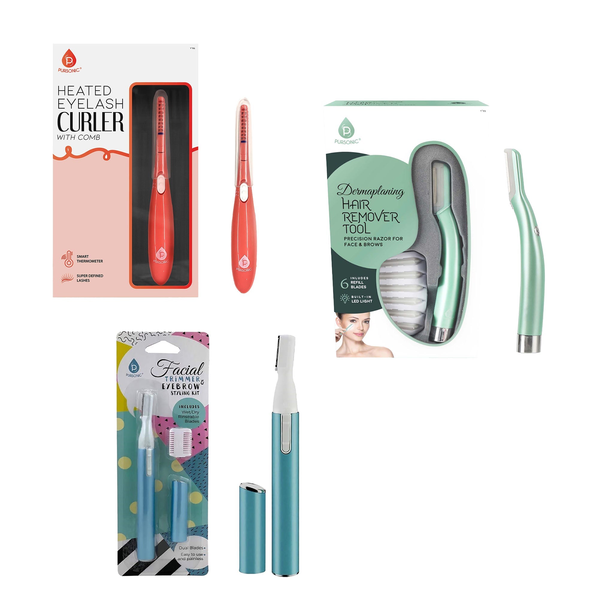 Pursonic Beauty Precision Bundle – Multi-Purpose Hair Trimmer, Heated Eyelash Curler & Dermaplaning Hair Remover Tool