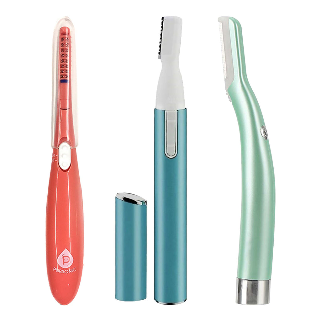 Pursonic Beauty Precision Bundle – Multi-Purpose Hair Trimmer, Heated Eyelash Curler & Dermaplaning Hair Remover Tool