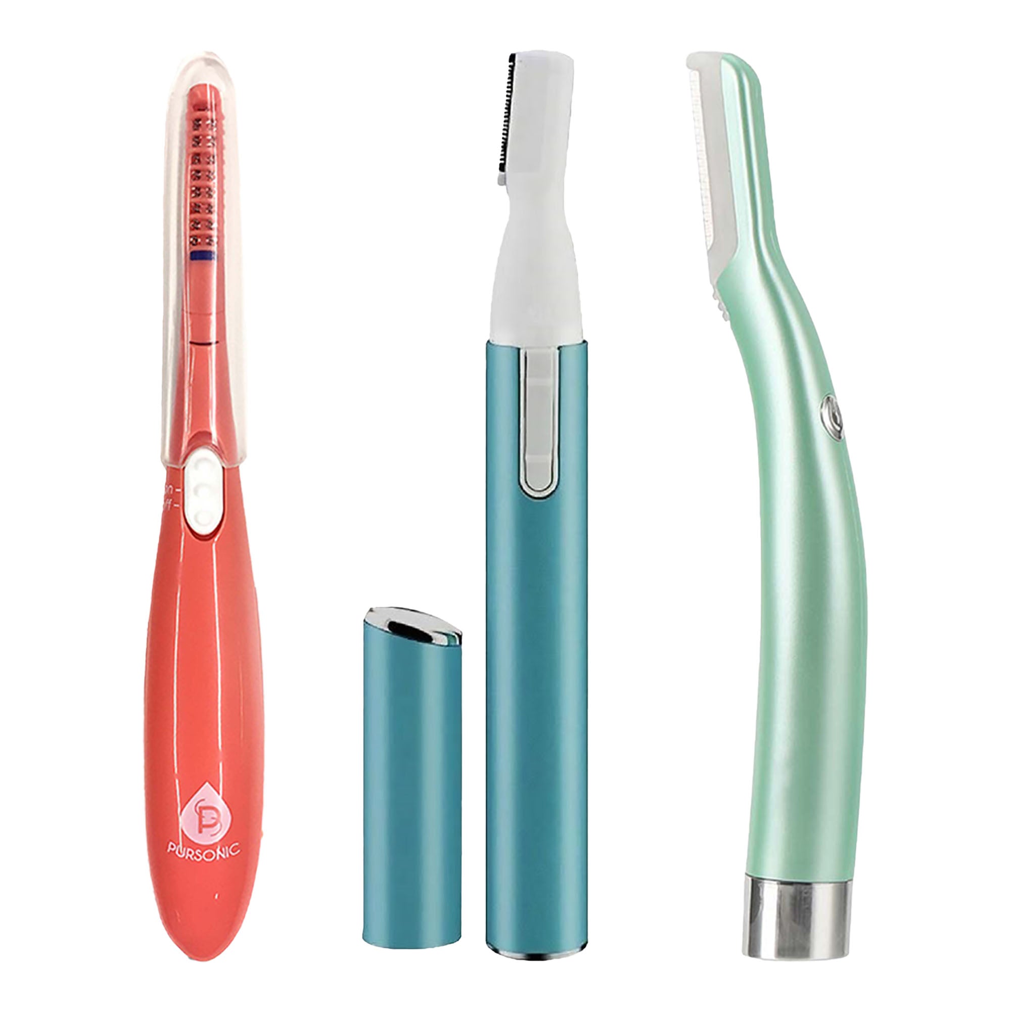 Pursonic Beauty Precision Bundle – Multi-Purpose Hair Trimmer, Heated Eyelash Curler & Dermaplaning Hair Remover Tool