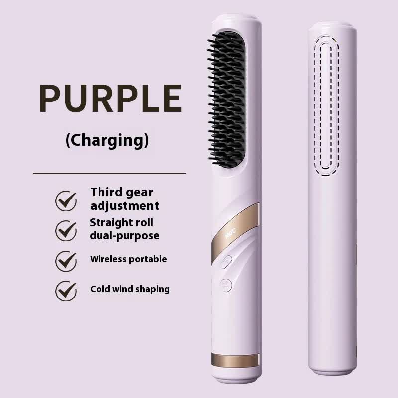 NNEDSZ Purple Portable USB Rechargeable Cold Wind Ionic Hair Straightening Brush, Multi-Functional Hair Straightener and Curler, Lightweight and Travel-Friendly