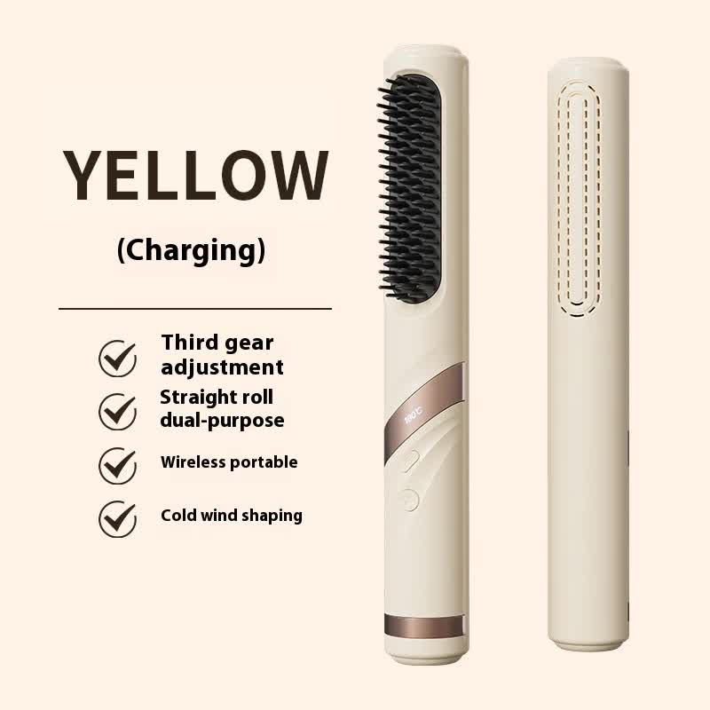 NNEDSZ Yellow Portable USB Rechargeable Cold Wind Ionic Hair Straightening Brush, Multi-Functional Hair Straightener and Curler, Lightweight and Travel-Friendly