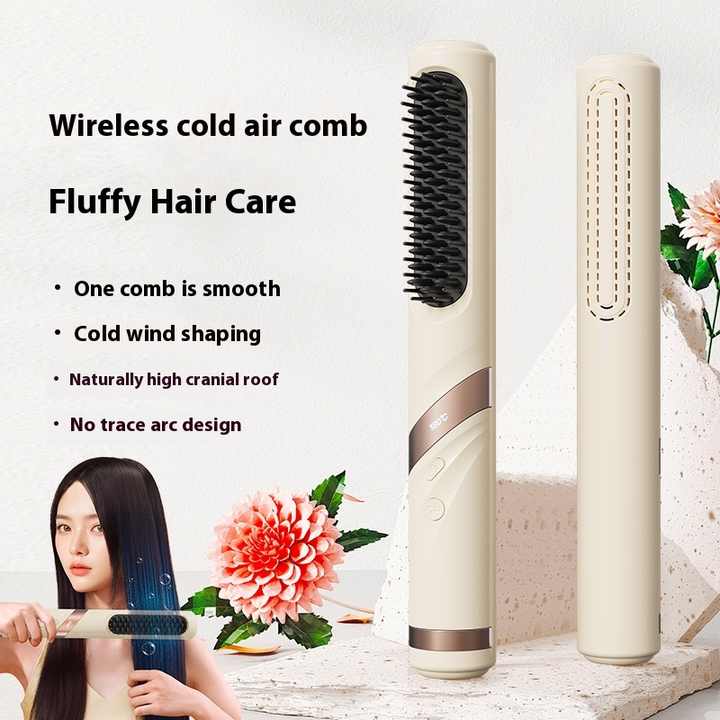 NNEDSZ Yellow Portable USB Rechargeable Cold Wind Ionic Hair Straightening Brush, Multi-Functional Hair Straightener and Curler, Lightweight and Travel-Friendly